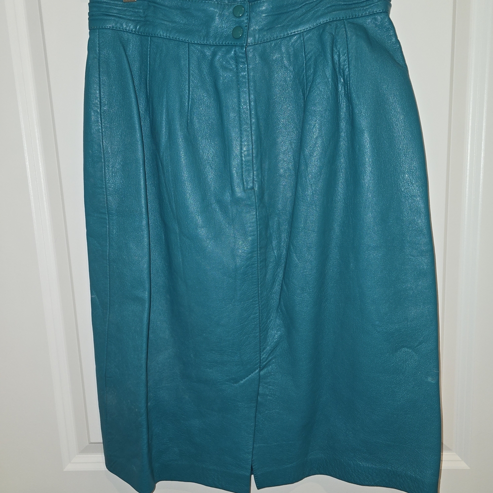 Vintage Suzelle Teal blue green100% Leather Pencil Skirt Sz 12 Pin-up Retro 80s